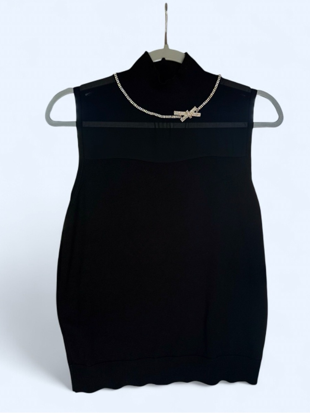Black Sleeveless Mock Neck Top with Rhinestone Chain Mesh Top
